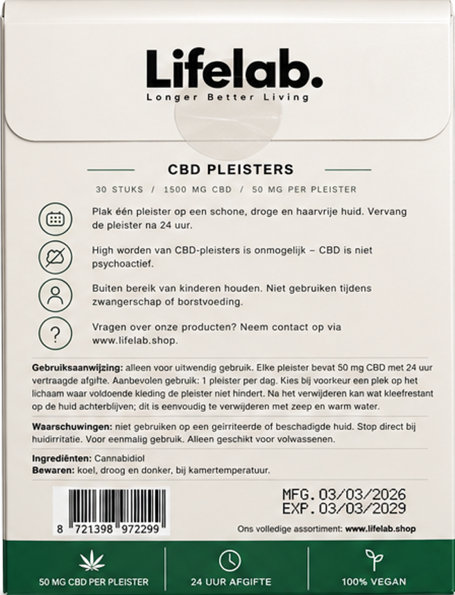 Lifelab CBD Pleisters verpakking achterkant met gebruiksaanwijzing